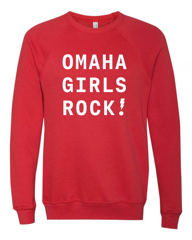 Bright Eyes Omaha Girls Rock | Exclamation Crewneck Sweatshirt - Red $23.50 Sweatshirts