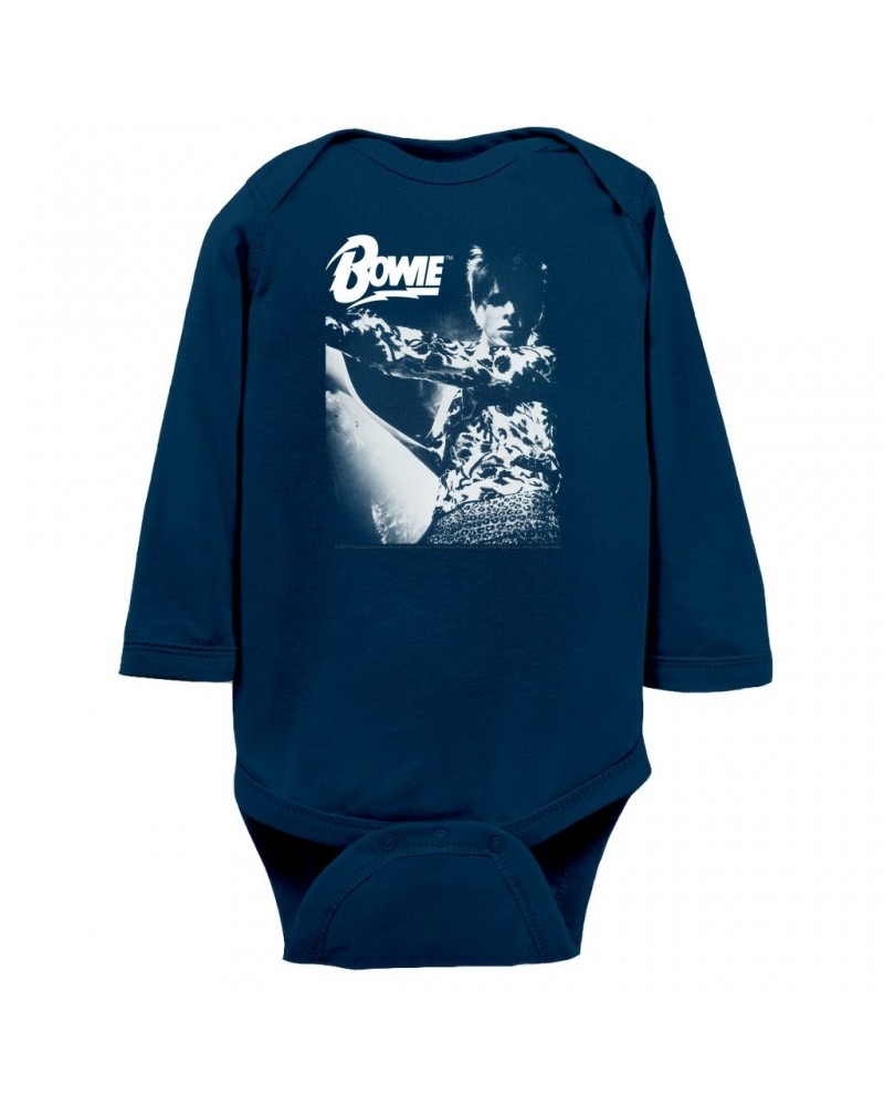 David Bowie Long Sleeve Bodysuit | Bowie Logo And Photo In White Bodysuit $10.64 Shirts