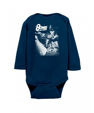 David Bowie Long Sleeve Bodysuit | Bowie Logo And Photo In White Bodysuit $10.64 Shirts