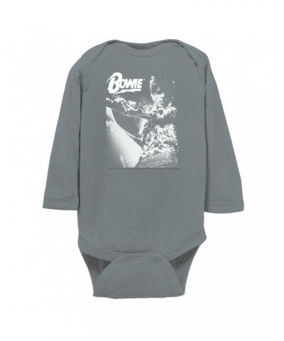 David Bowie Long Sleeve Bodysuit | Bowie Logo And Photo In White Bodysuit $10.64 Shirts