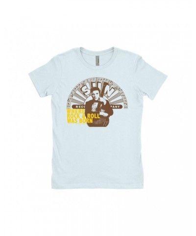 Elvis Presley Ladies' Boyfriend T-Shirt | Where Rock N' Roll Began Yellow Distressed Shirt $12.48 Shirts