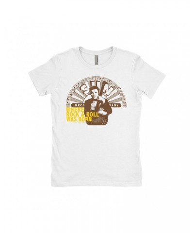 Elvis Presley Ladies' Boyfriend T-Shirt | Where Rock N' Roll Began Yellow Distressed Shirt $12.48 Shirts