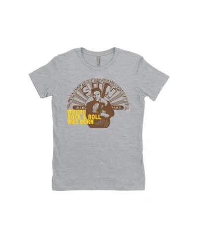 Elvis Presley Ladies' Boyfriend T-Shirt | Where Rock N' Roll Began Yellow Distressed Shirt $12.48 Shirts