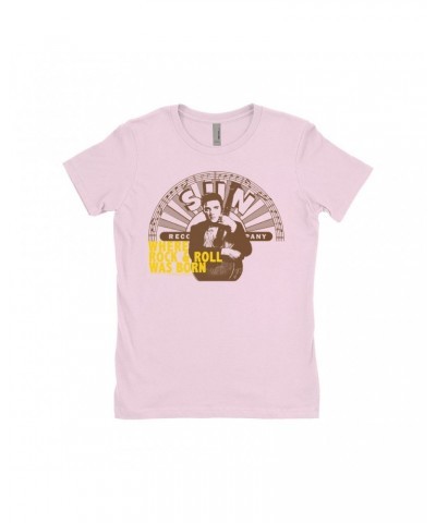 Elvis Presley Ladies' Boyfriend T-Shirt | Where Rock N' Roll Began Yellow Distressed Shirt $12.48 Shirts